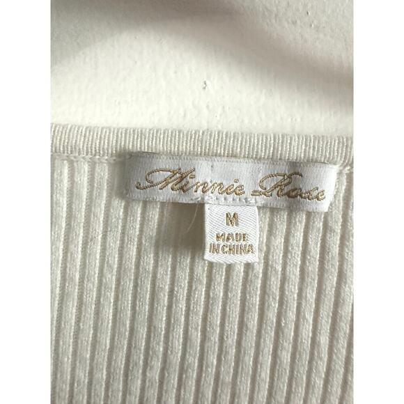 MINNIE ROSE Creamy White Lace-Up V-Neck Cotton-Silk Ribbed Top Shirt - Sz M - Picture 3 of 5